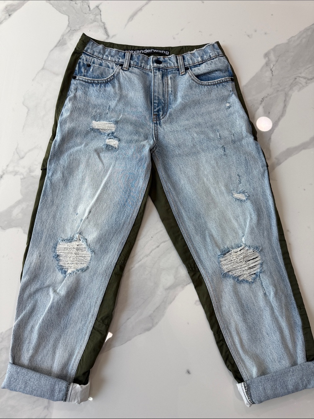 Alexander Wang Two-Tone Distressed Denim Jeans - Light Blue & Olive Green